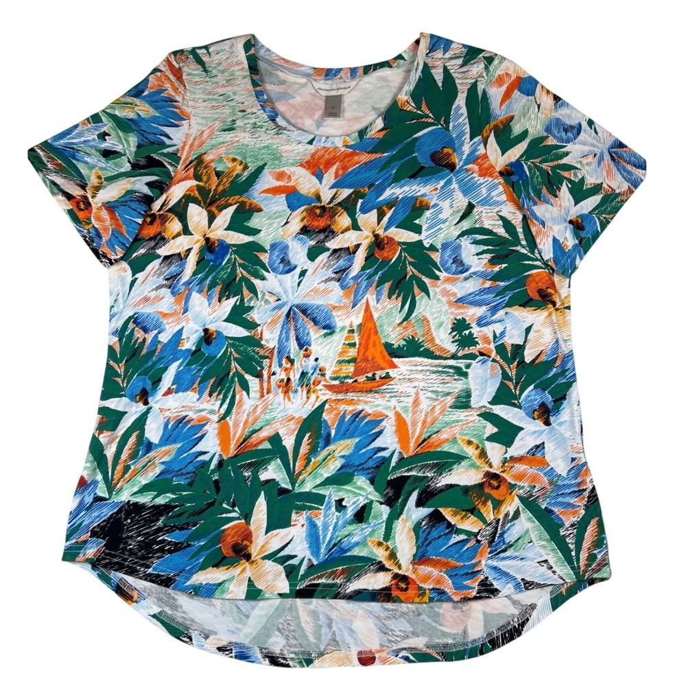 Christopher & Banks Womens XL Tropical Scenic Palm Sailboat Scoop Neck T-Shirt